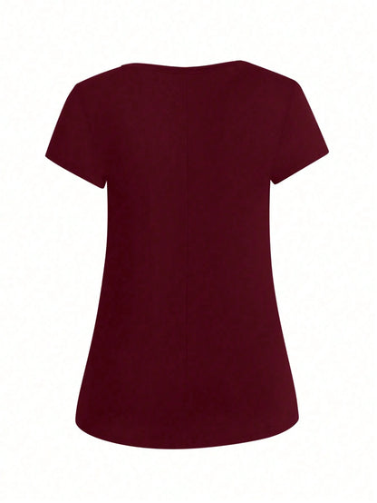 EMERY ROSE Plus Size Summer Casual Solid Color V-Neck Short Sleeve T-Shirt With Curved Hem