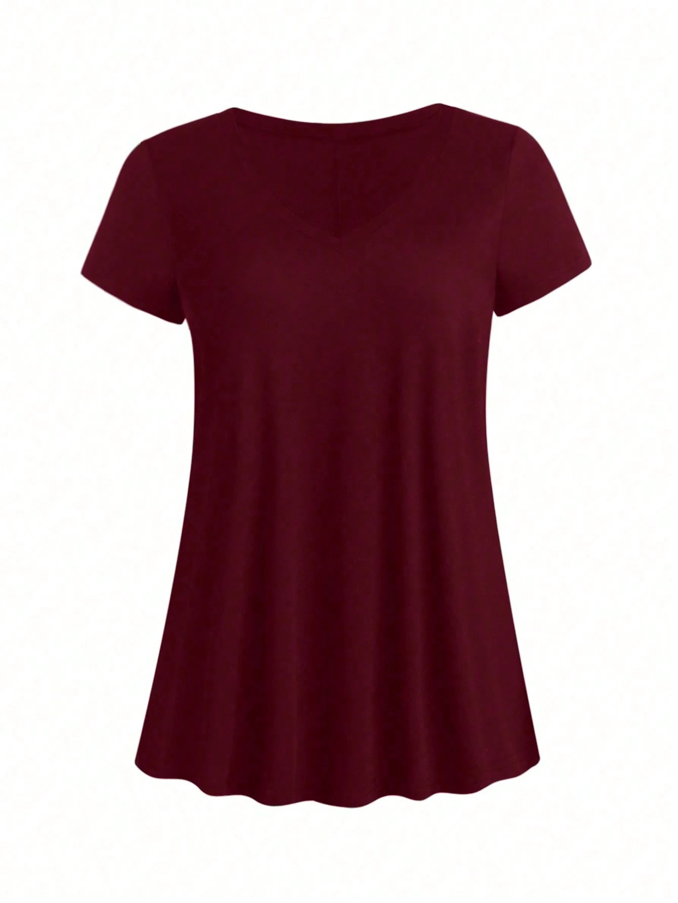 EMERY ROSE Plus Size Summer Casual Solid Color V-Neck Short Sleeve T-Shirt With Curved Hem