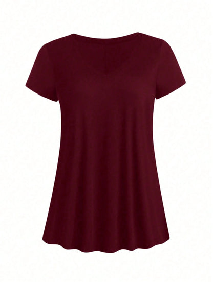 EMERY ROSE Plus Size Summer Casual Solid Color V-Neck Short Sleeve T-Shirt With Curved Hem