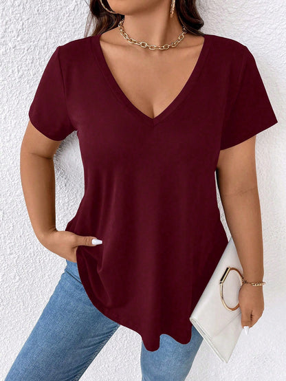 EMERY ROSE Plus Size Summer Casual Solid Color V-Neck Short Sleeve T-Shirt With Curved Hem