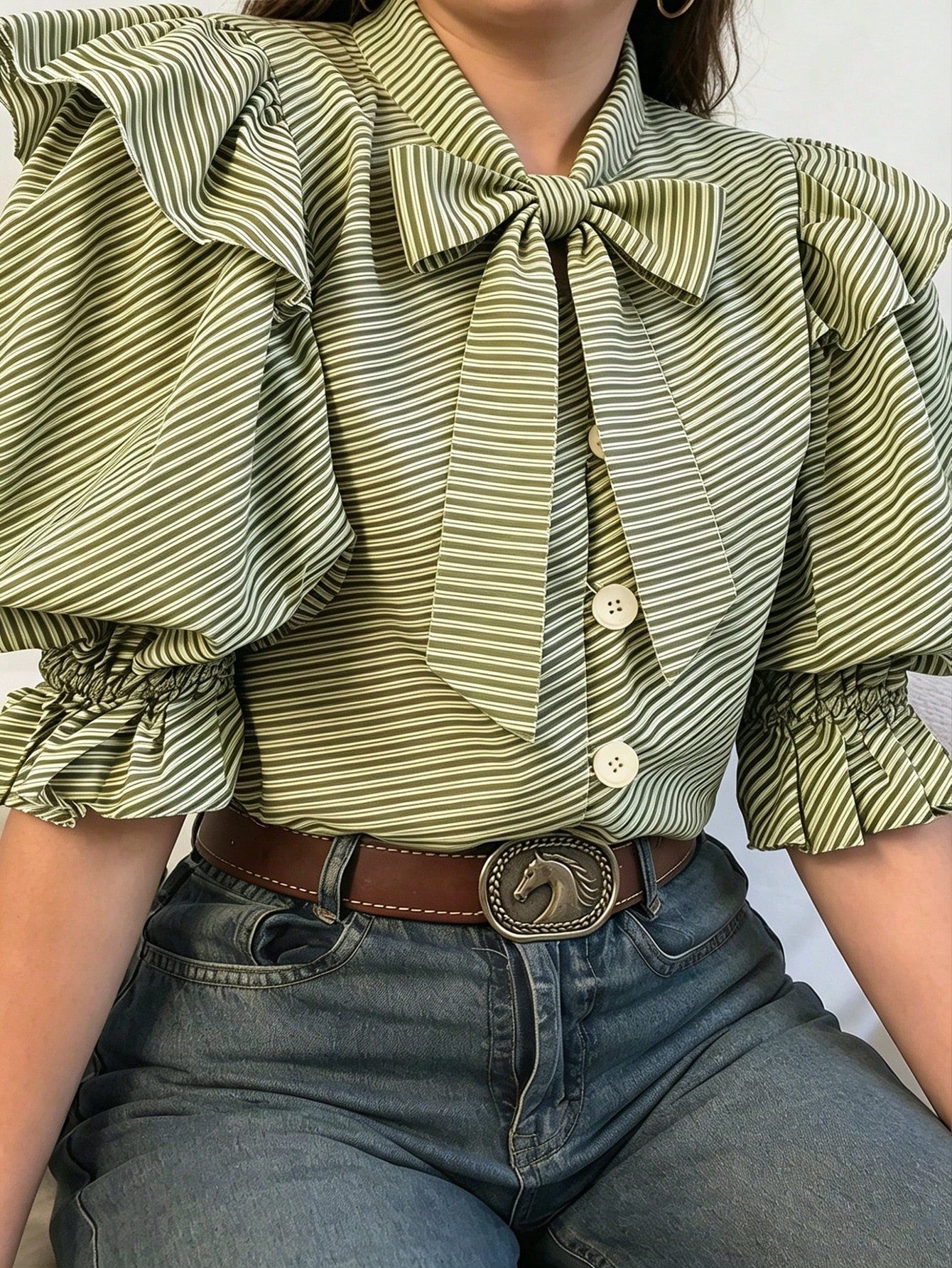 EMERY ROSE Plus Size Women Casual Striped Knot Collar Ruffle Puff Sleeve Blouse