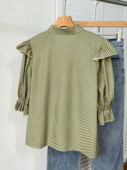 EMERY ROSE Plus Size Women Casual Striped Knot Collar Ruffle Puff Sleeve Blouse