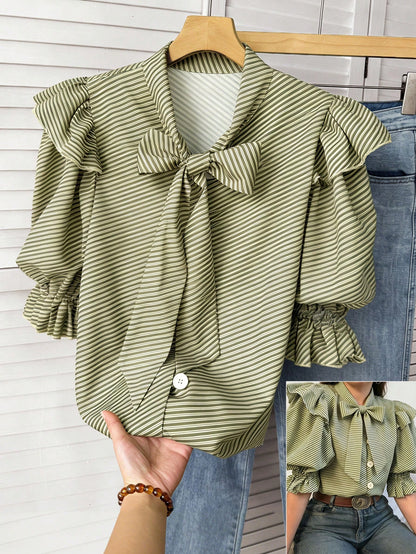 EMERY ROSE Plus Size Women Casual Striped Knot Collar Ruffle Puff Sleeve Blouse