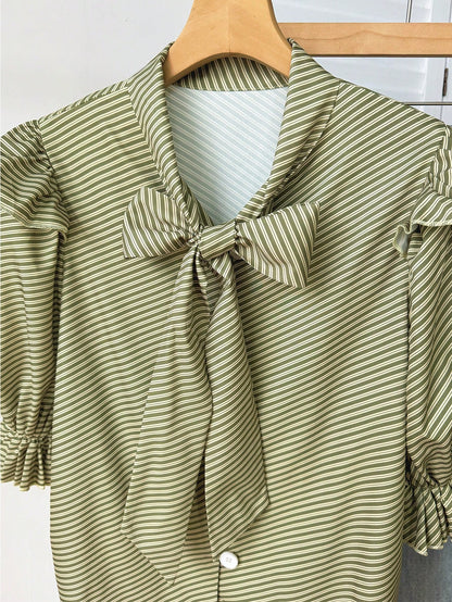 EMERY ROSE Plus Size Women Casual Striped Knot Collar Ruffle Puff Sleeve Blouse