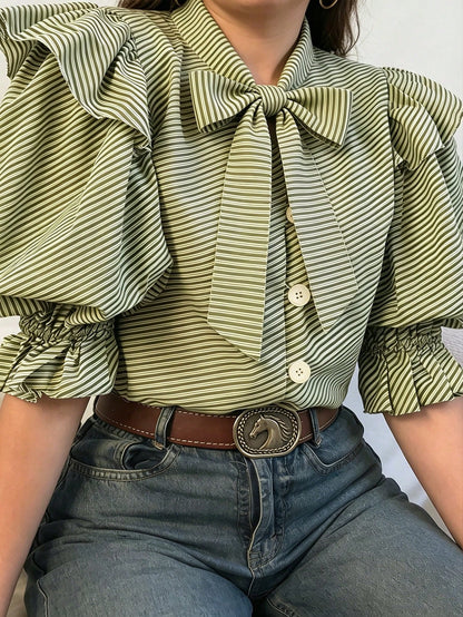 EMERY ROSE Plus Size Women Casual Striped Knot Collar Ruffle Puff Sleeve Blouse