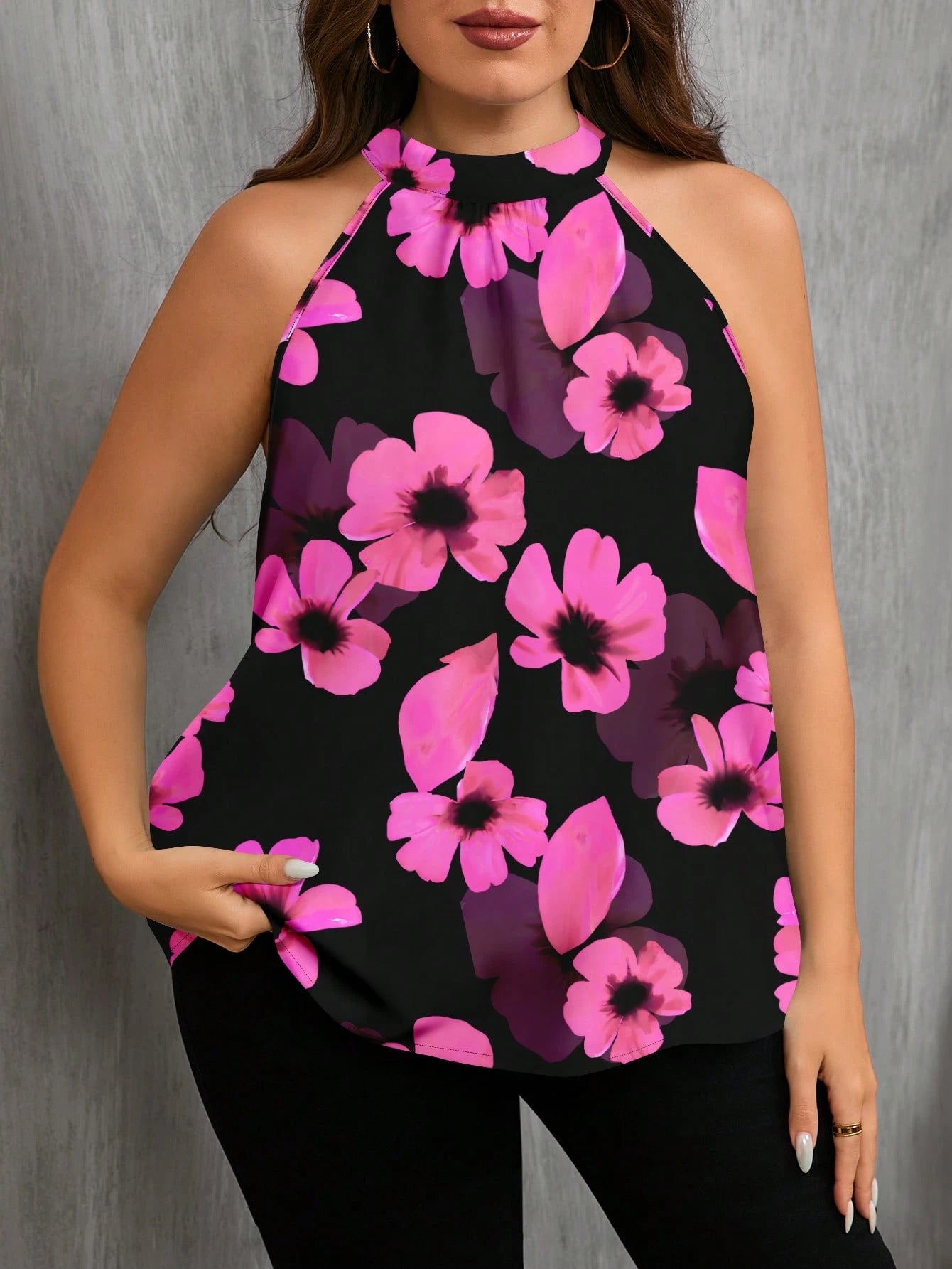 EMERY ROSE Plus Size Women's Vacation Style Elegant Floral Print Casual Off-Shoulder Camisole Blouse