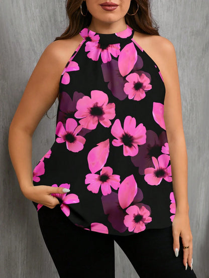EMERY ROSE Plus Size Women's Vacation Style Elegant Floral Print Casual Off-Shoulder Camisole Blouse