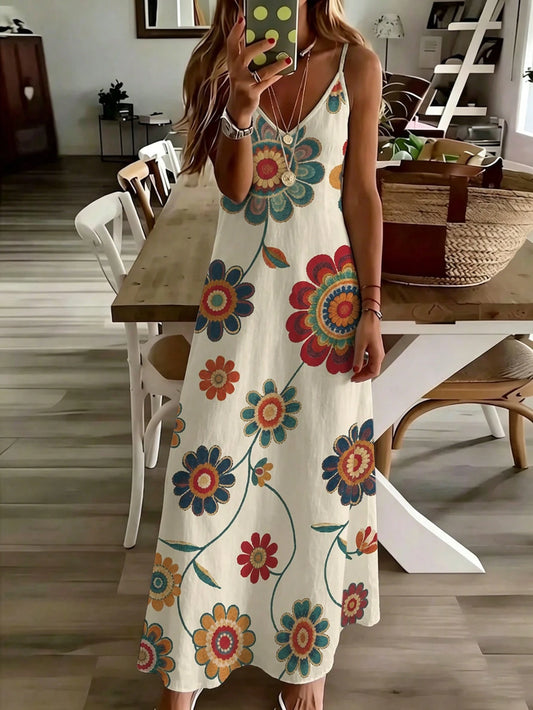 EMERY ROSE Summer Bohemian Colorful Printed Camisole Maxi Dress, Slim-Fit V-Neck Sleeveless Dress, Stylish Versatile Outfit Perfect For Vacation & Trips, Ideal Gift For Friends And Girlfriends