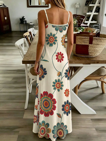 EMERY ROSE Summer Bohemian Colorful Printed Camisole Maxi Dress, Slim-Fit V-Neck Sleeveless Dress, Stylish Versatile Outfit Perfect For Vacation & Trips, Ideal Gift For Friends And Girlfriends