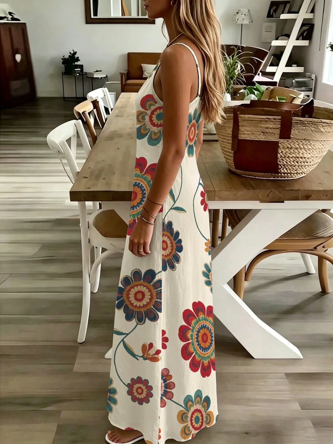EMERY ROSE Summer Bohemian Colorful Printed Camisole Maxi Dress, Slim-Fit V-Neck Sleeveless Dress, Stylish Versatile Outfit Perfect For Vacation & Trips, Ideal Gift For Friends And Girlfriends