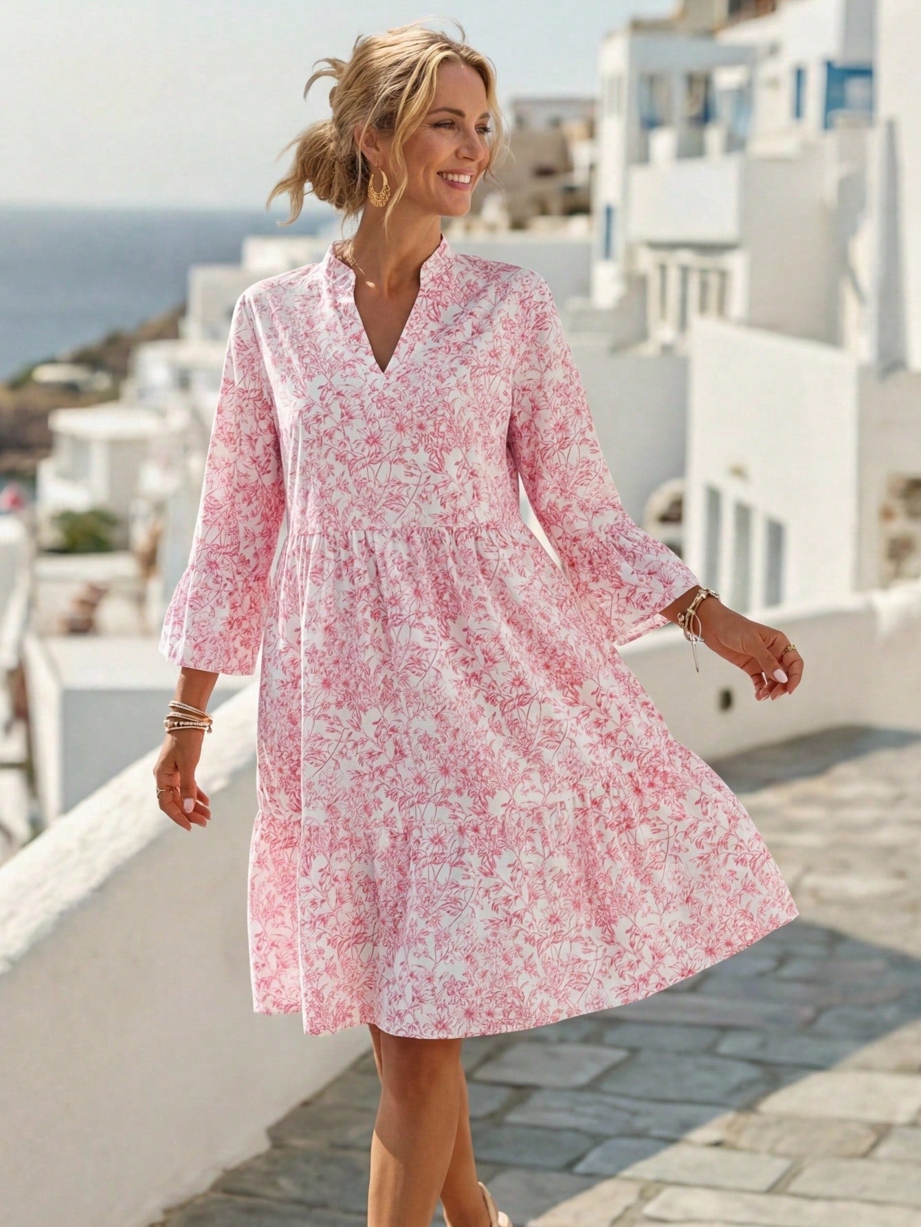 EMERY ROSE Women Floral Print Notched Neck Flare Sleeve Dress,White And Pink Summer Boho Holiday Vacation Holiday,Modest Old Money Homecoming Teacher Outfits