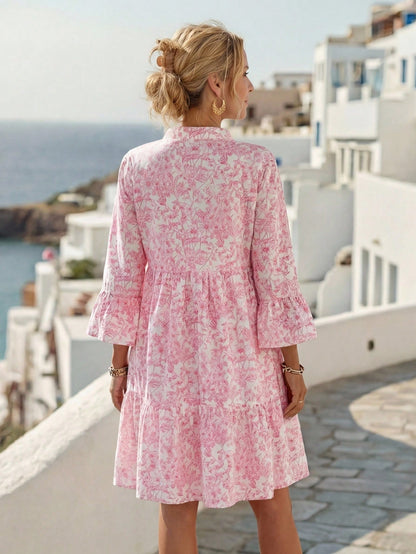 EMERY ROSE Women Floral Print Notched Neck Flare Sleeve Dress,White And Pink Summer Boho Holiday Vacation Holiday,Modest Old Money Homecoming Teacher Outfits