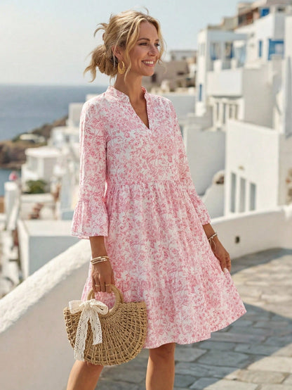 EMERY ROSE Women Floral Print Notched Neck Flare Sleeve Dress,White And Pink Summer Boho Holiday Vacation Holiday,Modest Old Money Homecoming Teacher Outfits