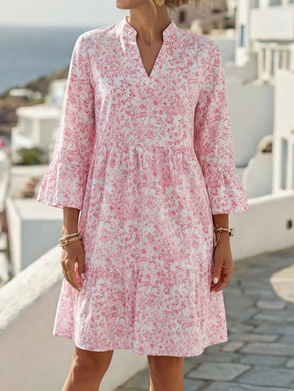 EMERY ROSE Women Floral Print Notched Neck Flare Sleeve Dress,White And Pink Summer Boho Holiday Vacation Holiday,Modest Old Money Homecoming Teacher Outfits