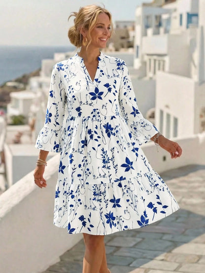 EMERY ROSE Women Floral Print Notched Neck Flare Sleeve Dress,White And Pink Summer Boho Holiday Vacation Holiday,Modest Old Money Homecoming Teacher Outfits