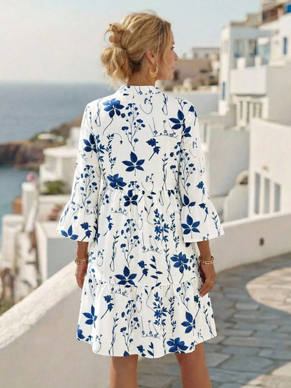 EMERY ROSE Women Floral Print Notched Neck Flare Sleeve Dress,White And Pink Summer Boho Holiday Vacation Holiday,Modest Old Money Homecoming Teacher Outfits