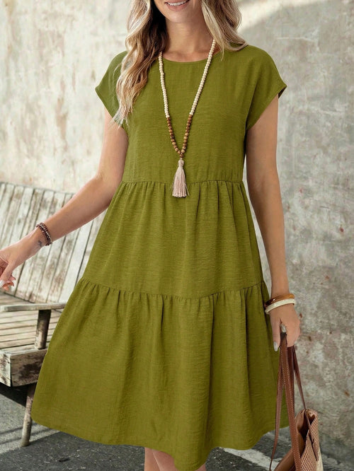 EMERY ROSE Women's Casual Boho Linen-Like Olive Green Short Sleeve Round Neck Mid-Length Dress, Spring/Summer Spring,Casual Vacation