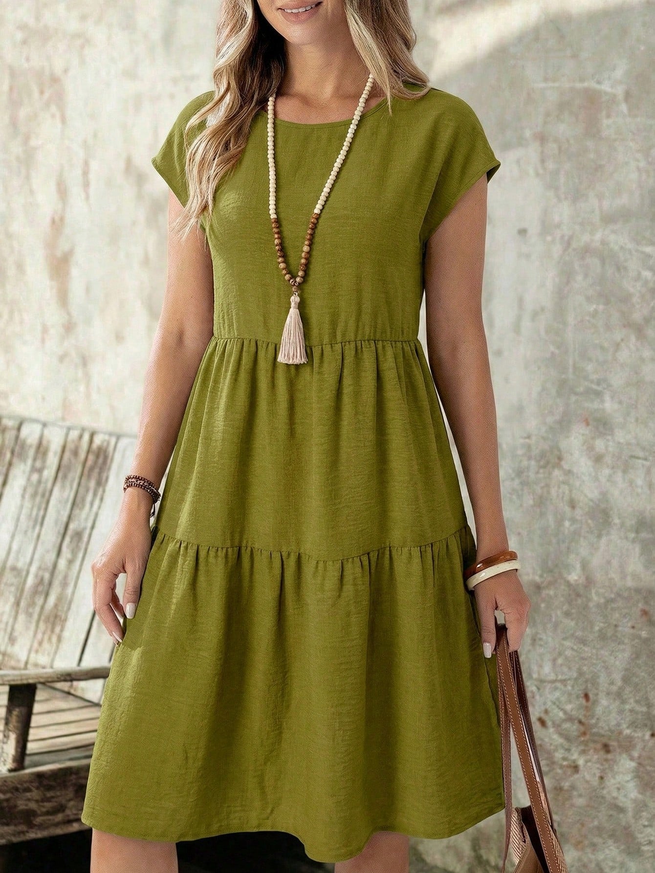 EMERY ROSE Women's Casual Boho Linen-Like Olive Green Short Sleeve Round Neck Mid-Length Dress, Spring/Summer Spring,Casual Vacation