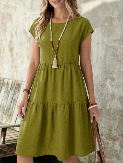 EMERY ROSE Women's Casual Boho Linen-Like Olive Green Short Sleeve Round Neck Mid-Length Dress, Spring/Summer Spring,Casual Vacation