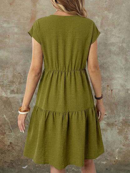 EMERY ROSE Women's Casual Boho Linen-Like Olive Green Short Sleeve Round Neck Mid-Length Dress, Spring/Summer Spring,Casual Vacation