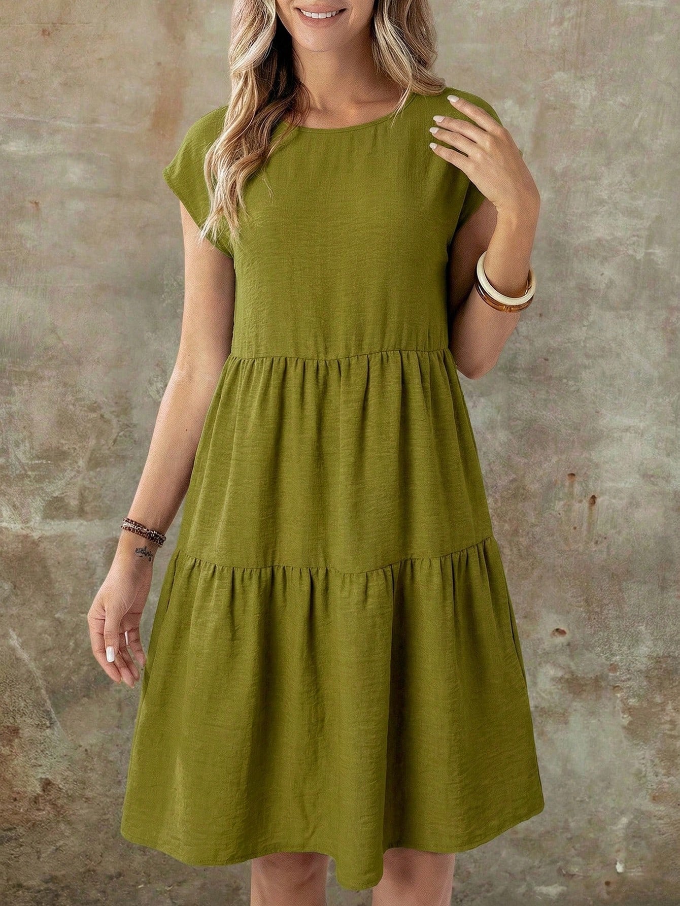 EMERY ROSE Women's Casual Boho Linen-Like Olive Green Short Sleeve Round Neck Mid-Length Dress, Spring/Summer Spring,Casual Vacation