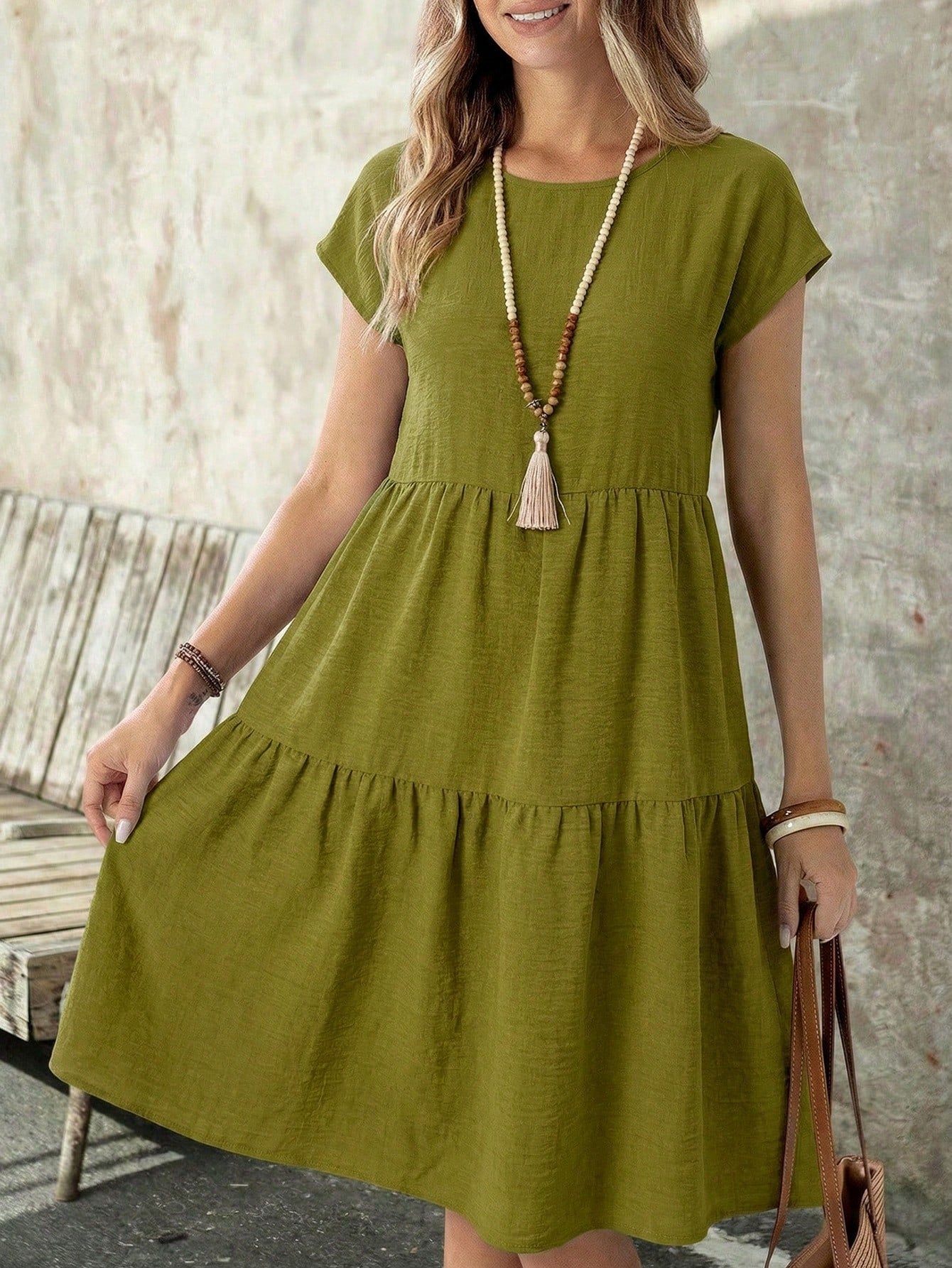 EMERY ROSE Women's Casual Boho Linen-Like Olive Green Short Sleeve Round Neck Mid-Length Dress, Spring/Summer Spring,Casual Vacation