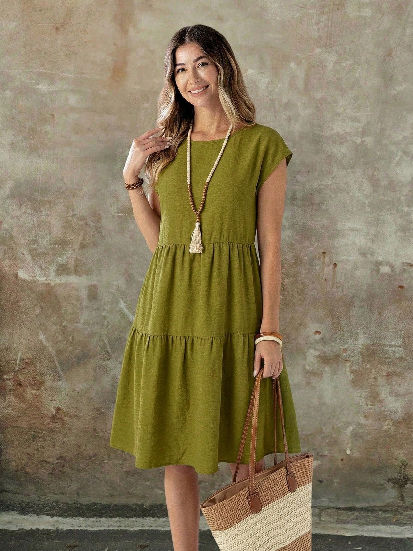 EMERY ROSE Women's Casual Boho Linen-Like Olive Green Short Sleeve Round Neck Mid-Length Dress, Spring/Summer Spring,Casual Vacation