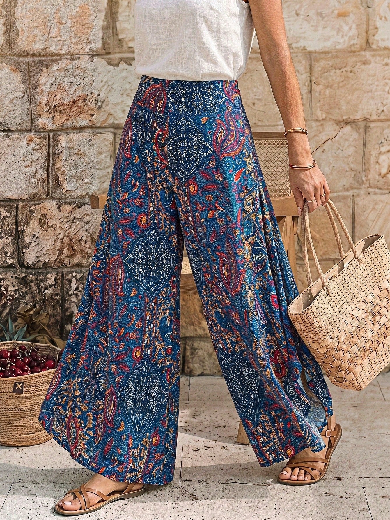 EMERY ROSE Women's Casual Paisley Print Asymmetric Hem Wide Leg Pants, For Resort Wear Fall Cloth For Women