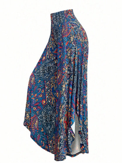 EMERY ROSE Women's Casual Paisley Print Asymmetric Hem Wide Leg Pants, For Resort Wear Fall Cloth For Women