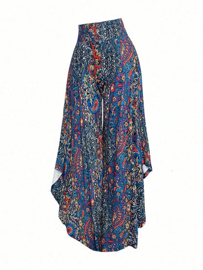 EMERY ROSE Women's Casual Paisley Print Asymmetric Hem Wide Leg Pants, For Resort Wear Fall Cloth For Women