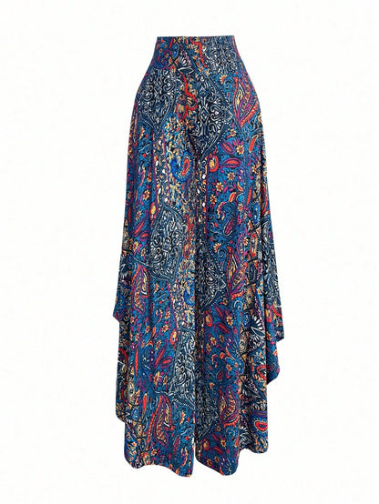 EMERY ROSE Women's Casual Paisley Print Asymmetric Hem Wide Leg Pants, For Resort Wear Fall Cloth For Women