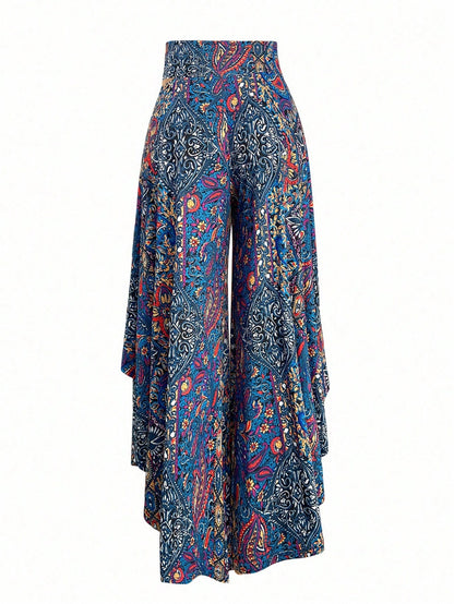 EMERY ROSE Women's Casual Paisley Print Asymmetric Hem Wide Leg Pants, For Resort Wear Fall Cloth For Women