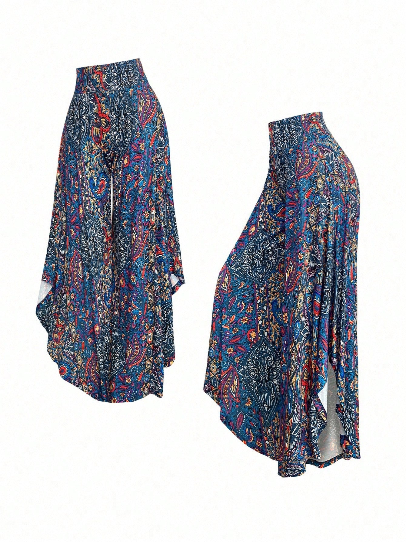 EMERY ROSE Women's Casual Paisley Print Asymmetric Hem Wide Leg Pants, For Resort Wear Fall Cloth For Women
