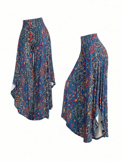 EMERY ROSE Women's Casual Paisley Print Asymmetric Hem Wide Leg Pants, For Resort Wear Fall Cloth For Women