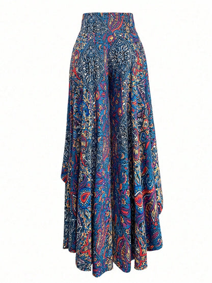 EMERY ROSE Women's Casual Paisley Print Asymmetric Hem Wide Leg Pants, For Resort Wear Fall Cloth For Women