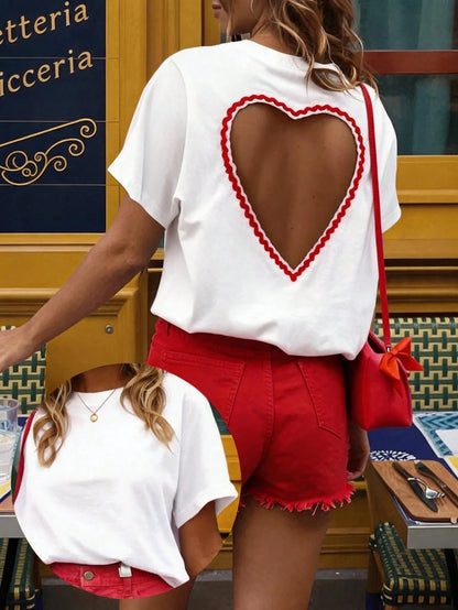 EMERY ROSE Women's Casual Round Neck Short Sleeve T-Shirt With Heart Cutout Back