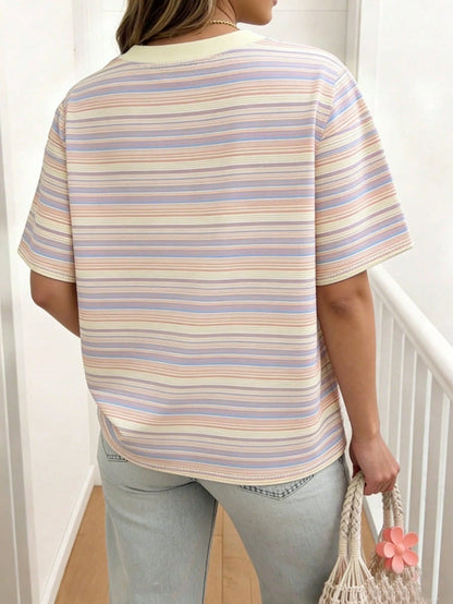 EMERY ROSE Women's Casual Striped Short-Sleeved T-Shirt, Loose Round Neck Design, Machine Washable, Suitable For All Seasons, Comfortable And Cute, Retro Style.