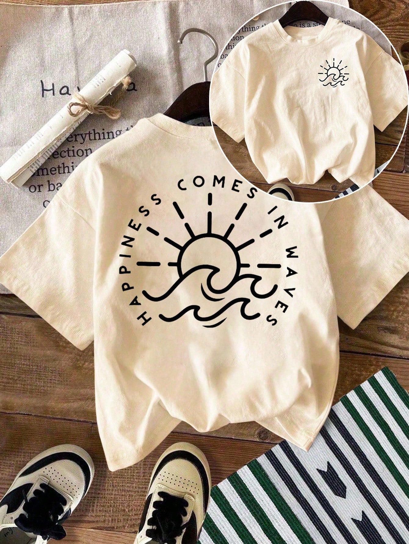 EMERY ROSE Women's Casual Striped Short-Sleeved T-Shirt, Loose Round Neck Design, Machine Washable, Suitable For All Seasons, Comfortable And Cute, Retro Style.
