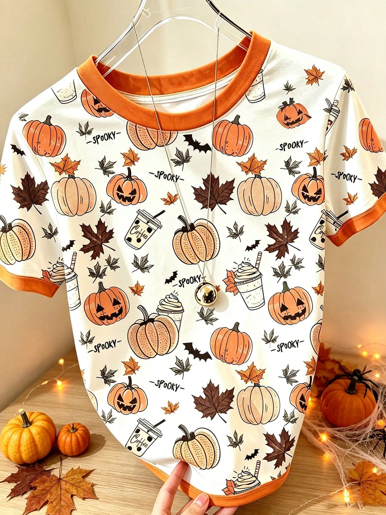 EMERY ROSE Women's Pumpkin Print Crew Neck Short Sleeve T-Shirt, Halloween T-Shirt, Summer