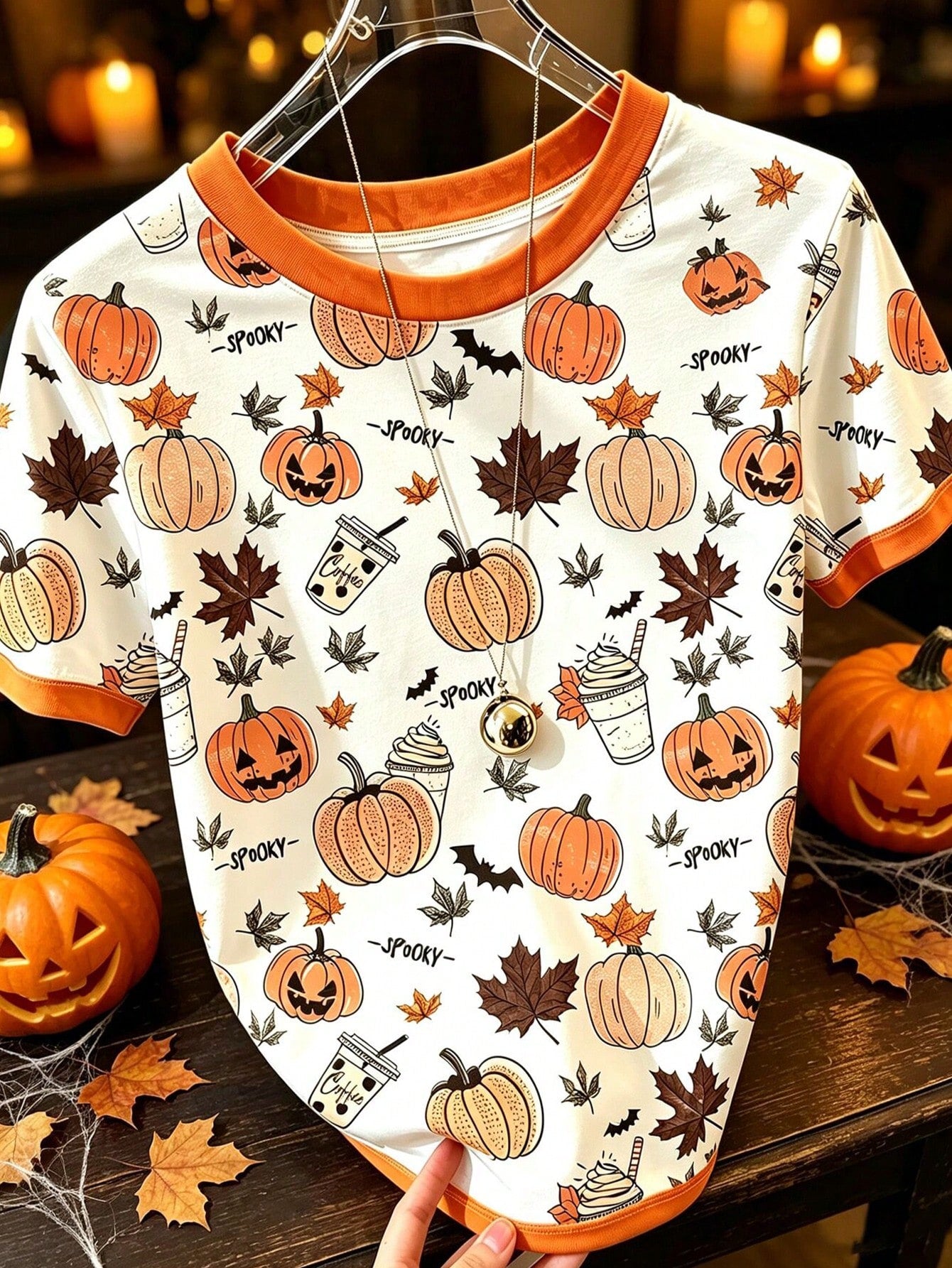 EMERY ROSE Women's Pumpkin Print Crew Neck Short Sleeve T-Shirt, Halloween T-Shirt, Summer