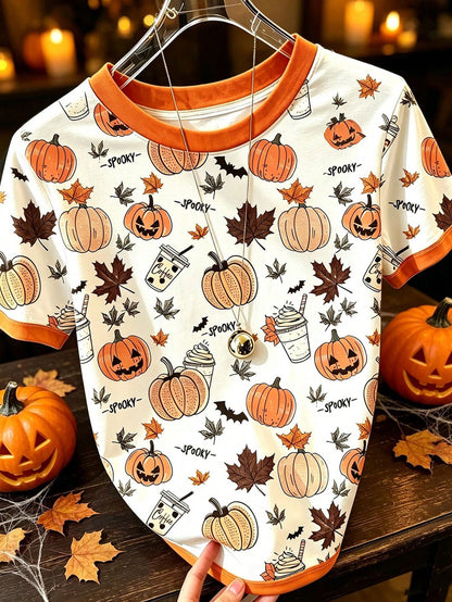 EMERY ROSE Women's Pumpkin Print Crew Neck Short Sleeve T-Shirt, Halloween T-Shirt, Summer