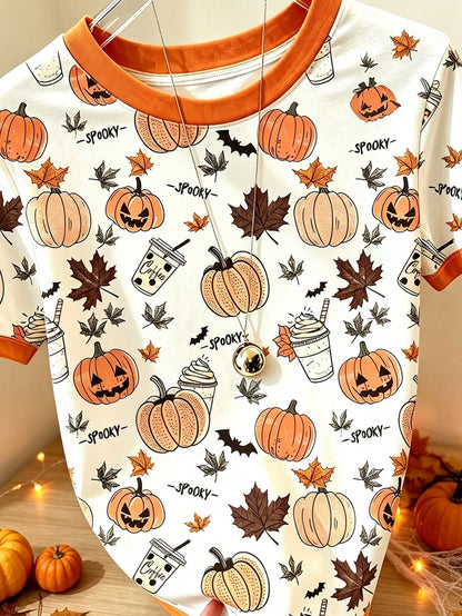 EMERY ROSE Women's Pumpkin Print Crew Neck Short Sleeve T-Shirt, Halloween T-Shirt, Summer