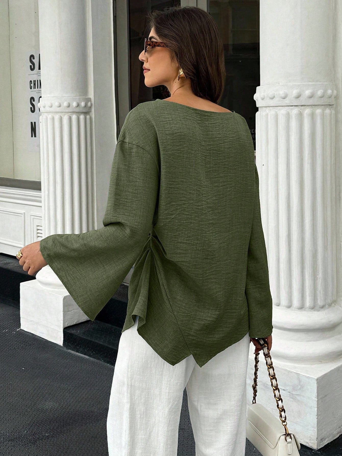 EMERY ROSE Women's Solid Color Minimalist Long Sleeve Shirt, Casual Everyday Wear Everyday Olive Green Autumn