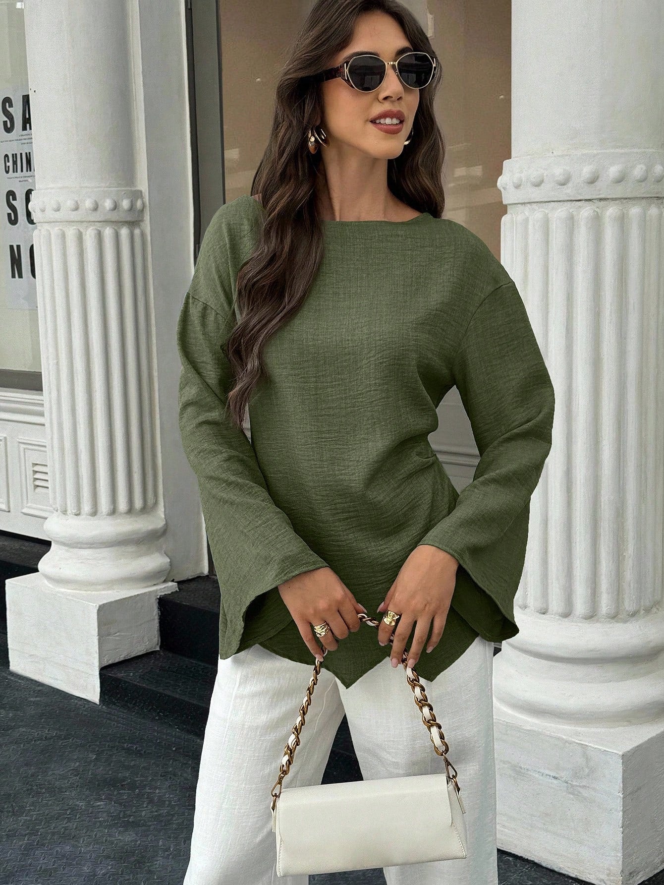 EMERY ROSE Women's Solid Color Minimalist Long Sleeve Shirt, Casual Everyday Wear Everyday Olive Green Autumn
