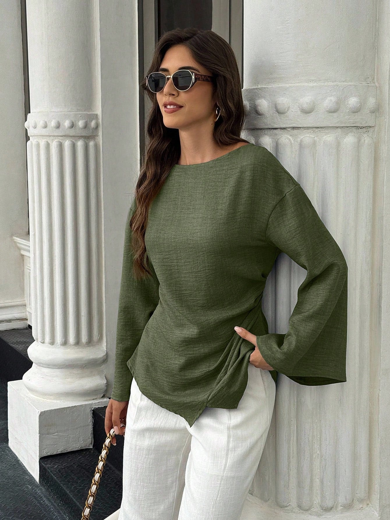 EMERY ROSE Women's Solid Color Minimalist Long Sleeve Shirt, Casual Everyday Wear Everyday Olive Green Autumn