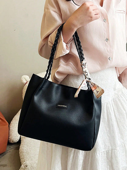EMERY ROSE Women's Versatile Solid Color Handbag, Malist PU Leather Large Capacity Shoulder Bag With Scarf Decor, Lightweight & Spacious Tote Bag For Daily Office Use, Fashionable Waterproof Durable S