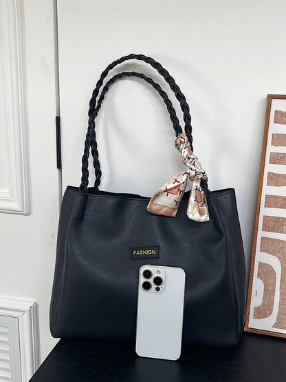 EMERY ROSE Women's Versatile Solid Color Handbag, Malist PU Leather Large Capacity Shoulder Bag With Scarf Decor, Lightweight & Spacious Tote Bag For Daily Office Use, Fashionable Waterproof Durable S