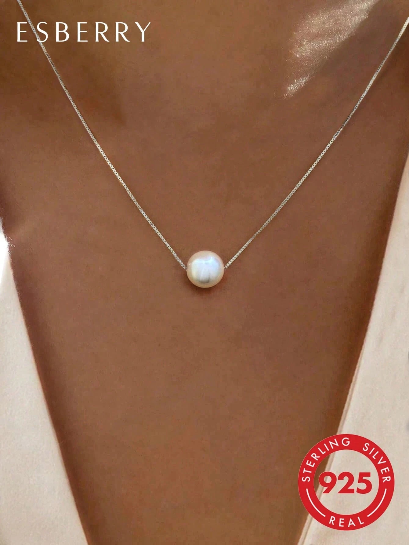 ESBERRY 1pc 6mm-10mm Minimalist S925 Sterling Silver Single Pearl Necklace, Jewelry For Women, Wedding Bride Accessories