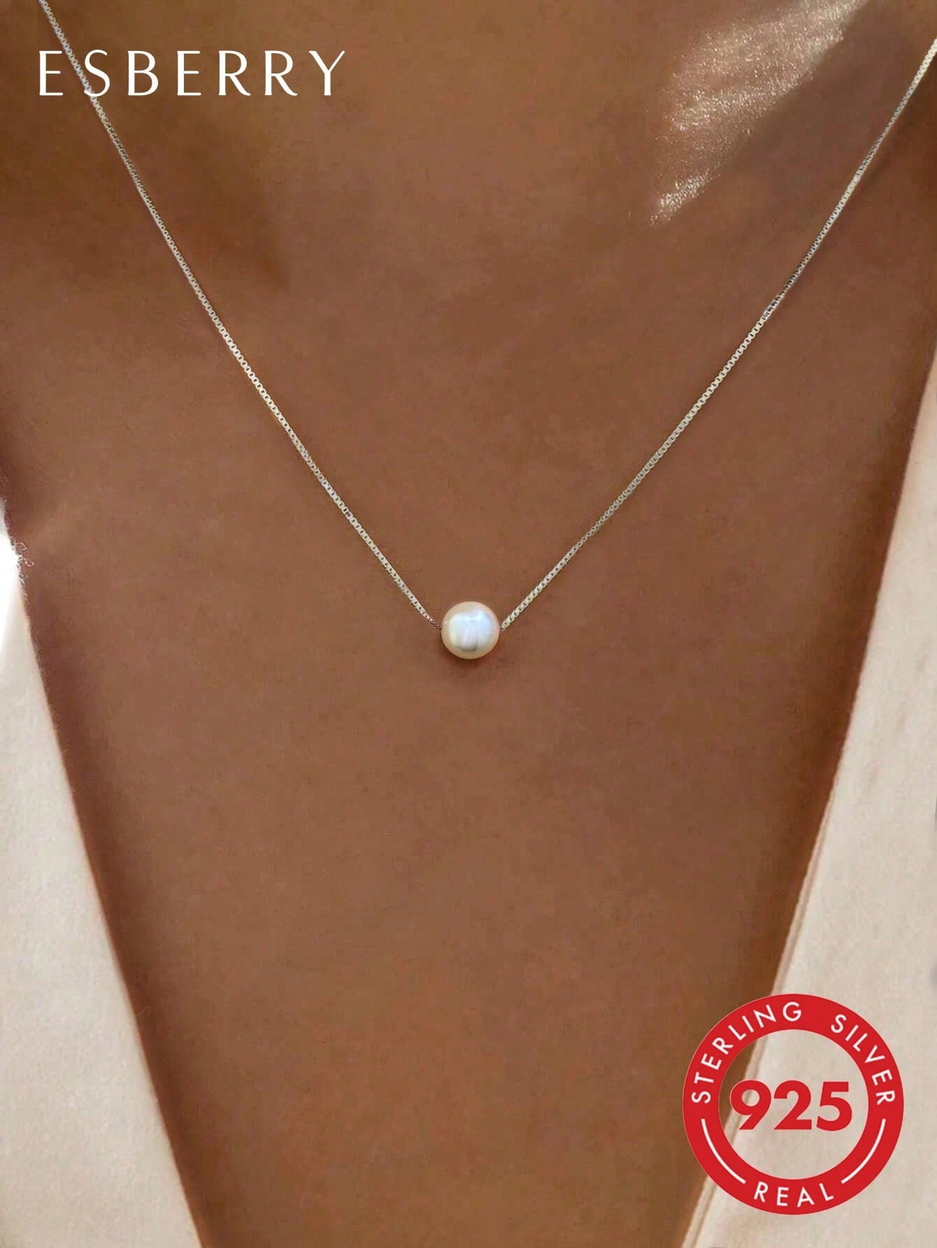 ESBERRY 1pc 6mm-10mm Minimalist S925 Sterling Silver Single Pearl Necklace, Jewelry For Women, Wedding Bride Accessories