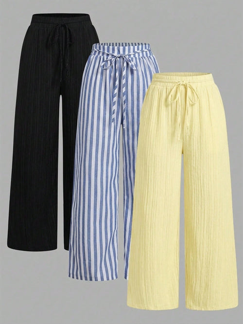 Essnce 3pcs Set Black,Yellow & Blue And White Stripe Nautical Style Straight Leg Pants,Summer Boho Vacation Casual Waist Tie Pocket Suit For Women